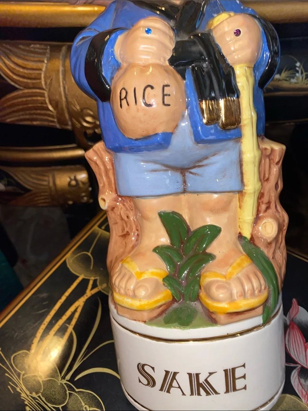 Ceramic Sake Bottle - Blue/Yellow Decorative Figure